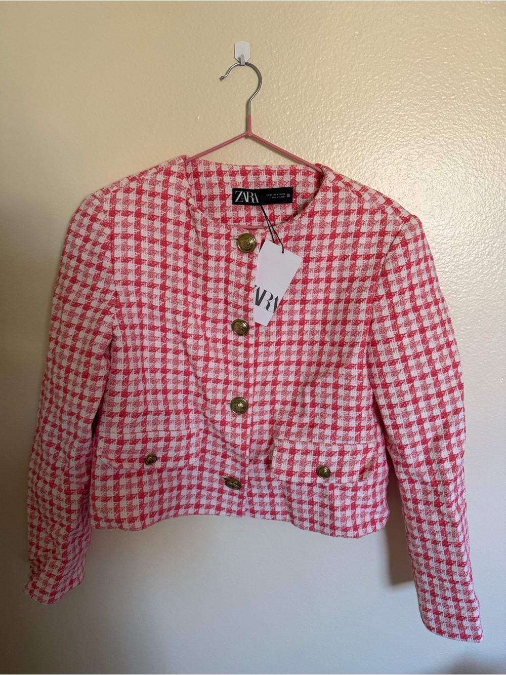 ZARA Pink & White Houndstooth Tweed Blazer with Gold Buttons